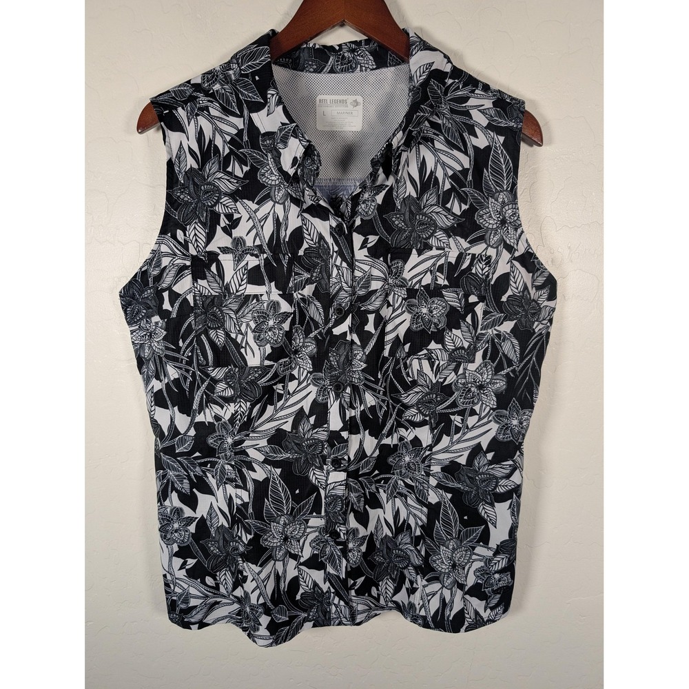 Reel Legends Shirt Womens Large Black White Mariner Sleeveless Floral Print‎ Top